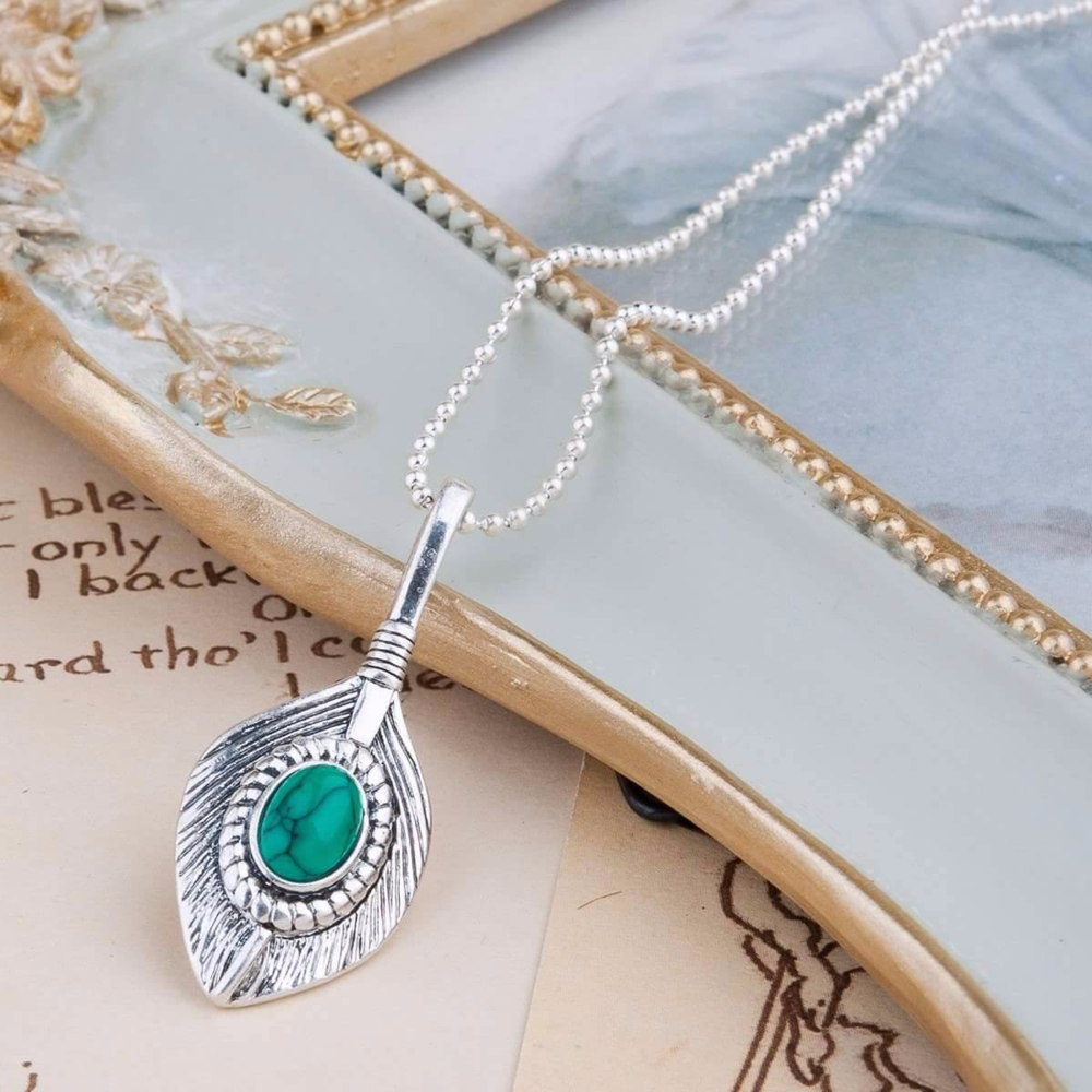 Antique Silver Feather and Turquoise Necklace
