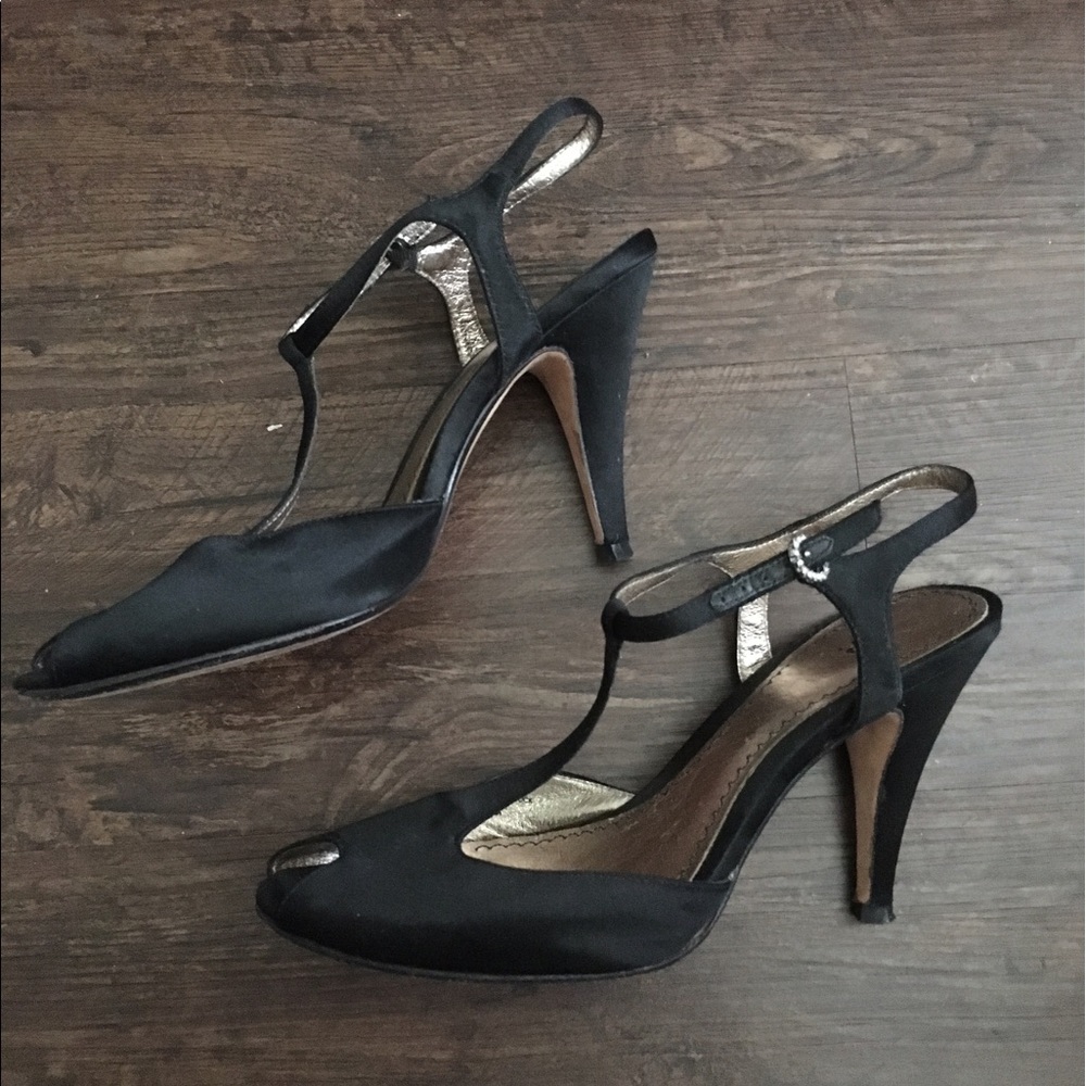 Black satin t-strap peep toe heels