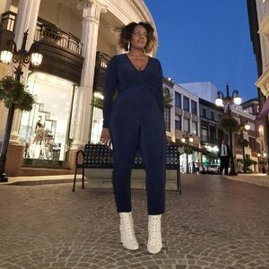 Stretch navy blue tie front jumpsuit size L
