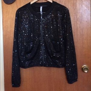 Kensie Black Sequin Baseball Style Jacket.