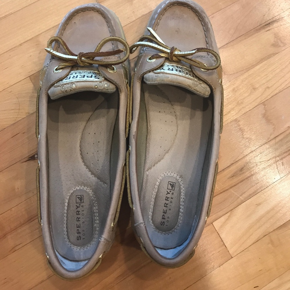 gold and tan sperry's