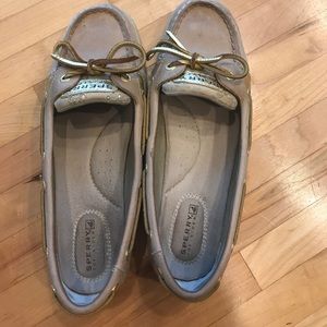 gold and tan sperry's