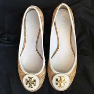 Tory Burch woven fabric and white leather flats