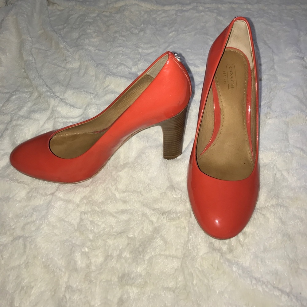 Orange patent Coach stacked heels