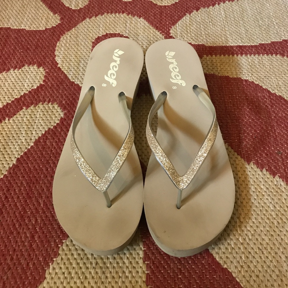 Gold sparkle flip flops