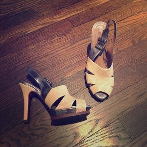 BCBG Max Azria Silver and Tan Slingback Heels