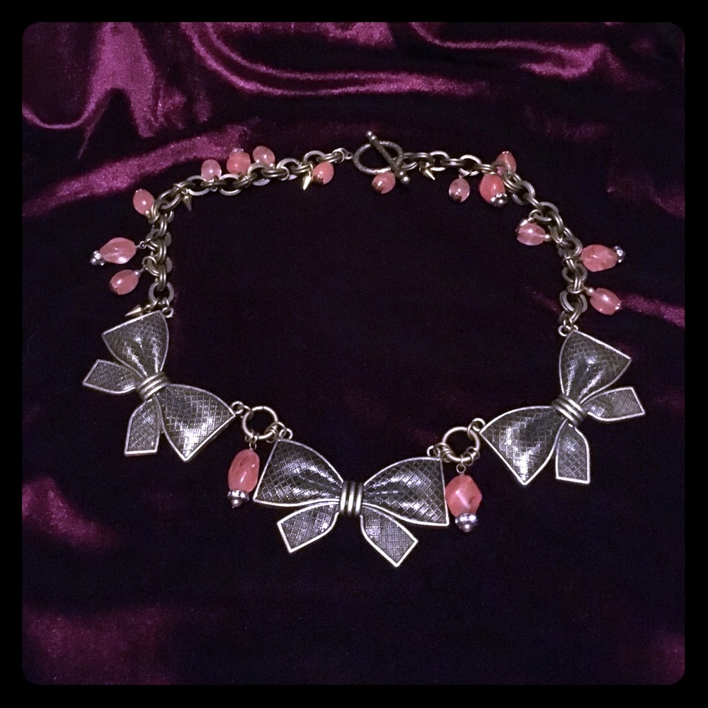 Watermelon quartz and antique brass bow necklace
