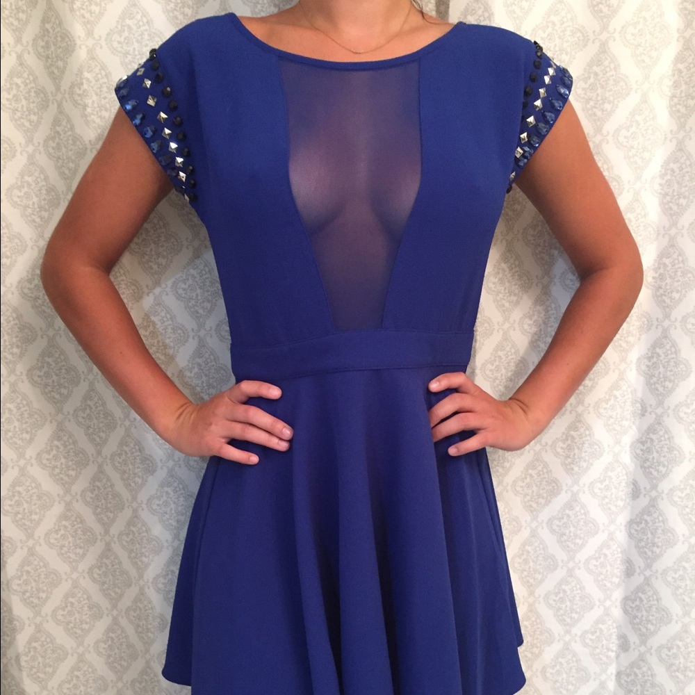 NWT. Small Blue short dress w/ Gems. Sheer parts.