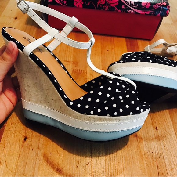 Qupid Shoes - Black White and Blue Polka Dot Wedges