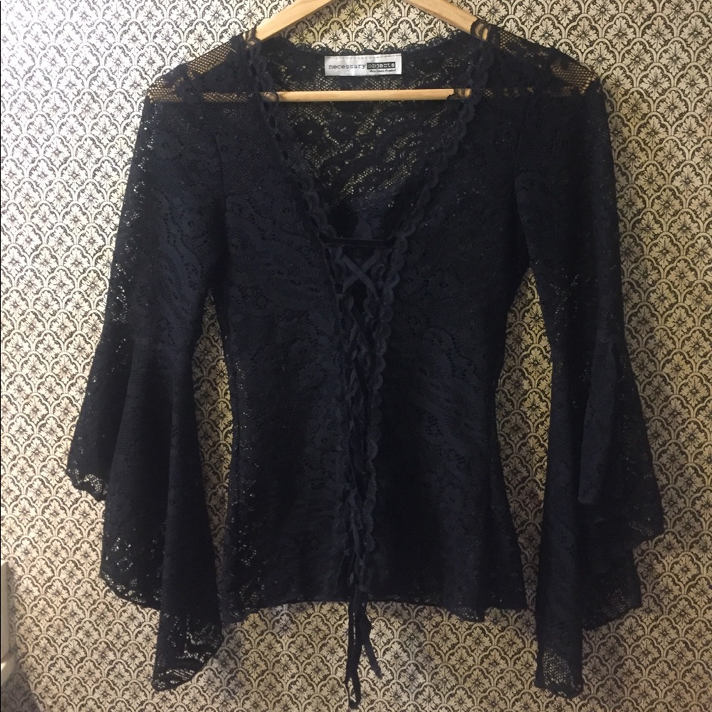 Necessary Objects Lace Bell Sleeve Tie Up Blouse