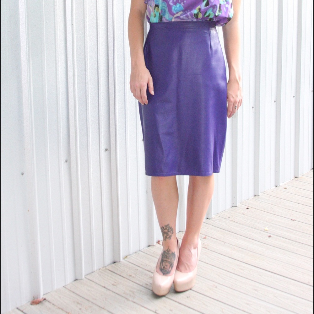 Purple high waisted leather skirt