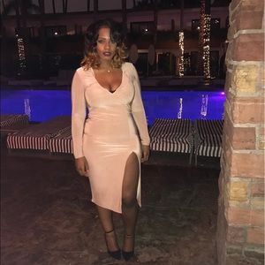 Nude bodycon dress deep V with front split