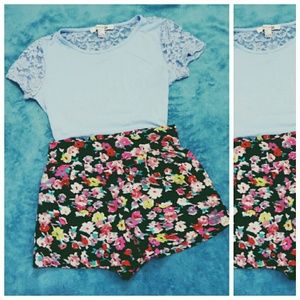 Multi Color Floral Print Shorts & Crop Top