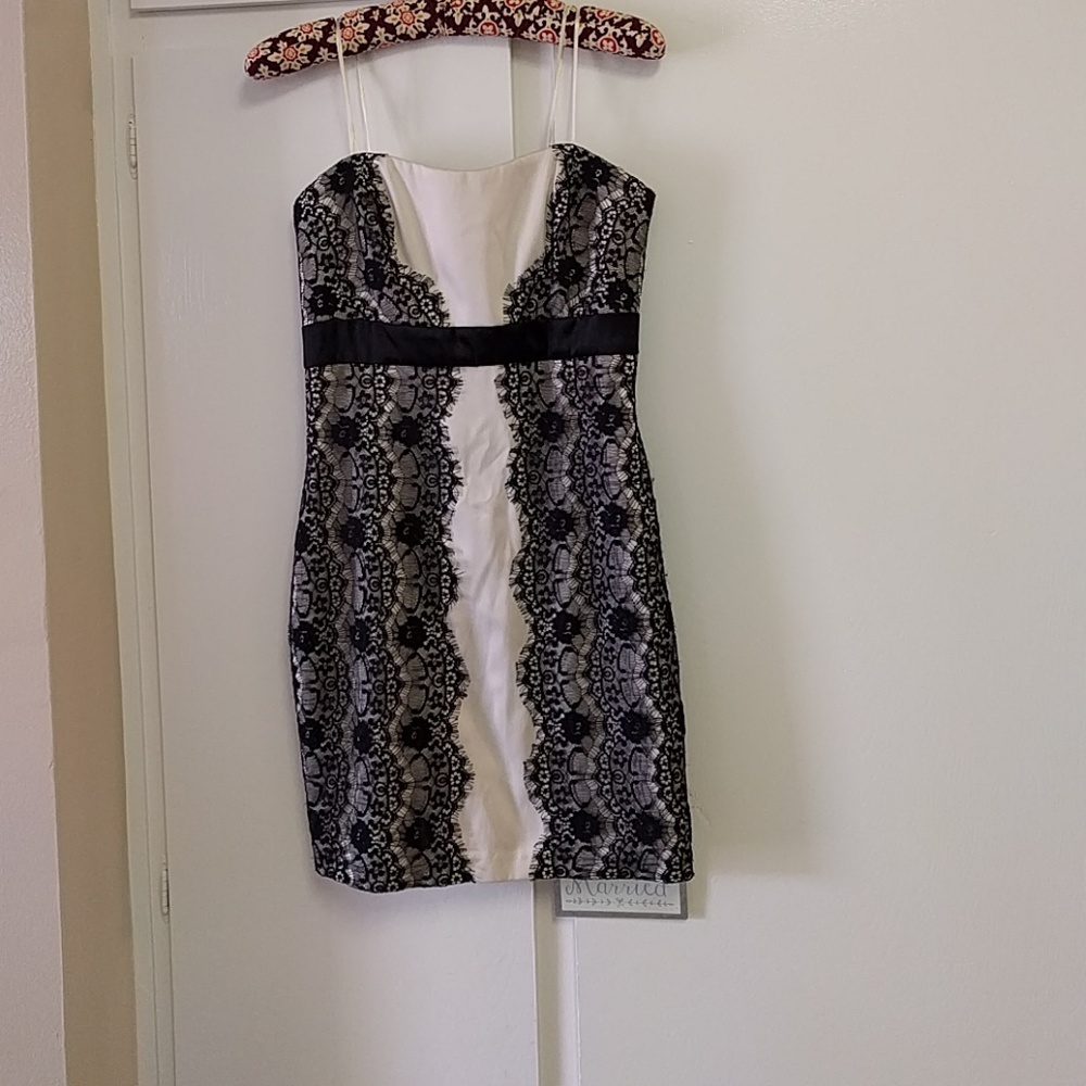 Strapless cream and black cocktail dress!