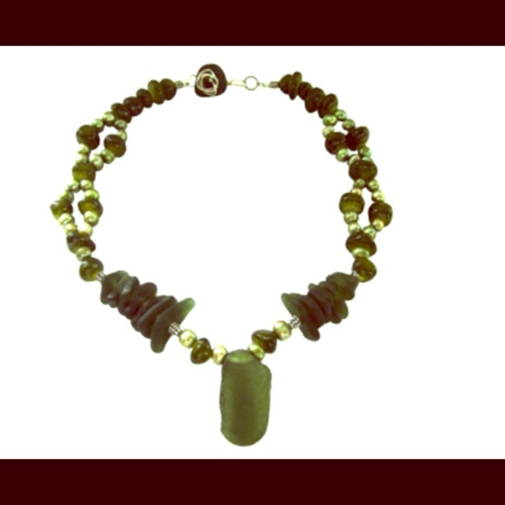 Sea Glass and Jade Sterling Silver Necklace