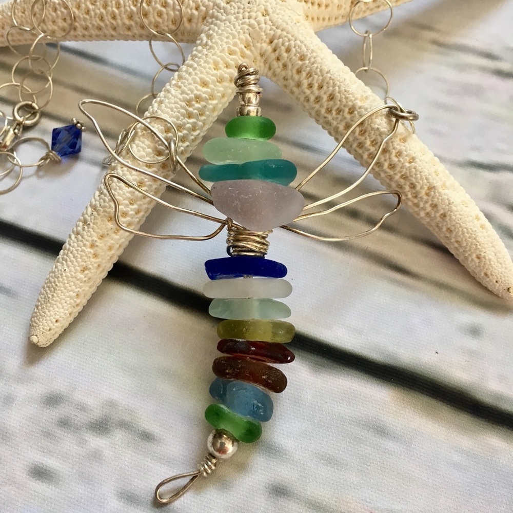 Sea Glass Sterling Silver Dragonfly Necklace