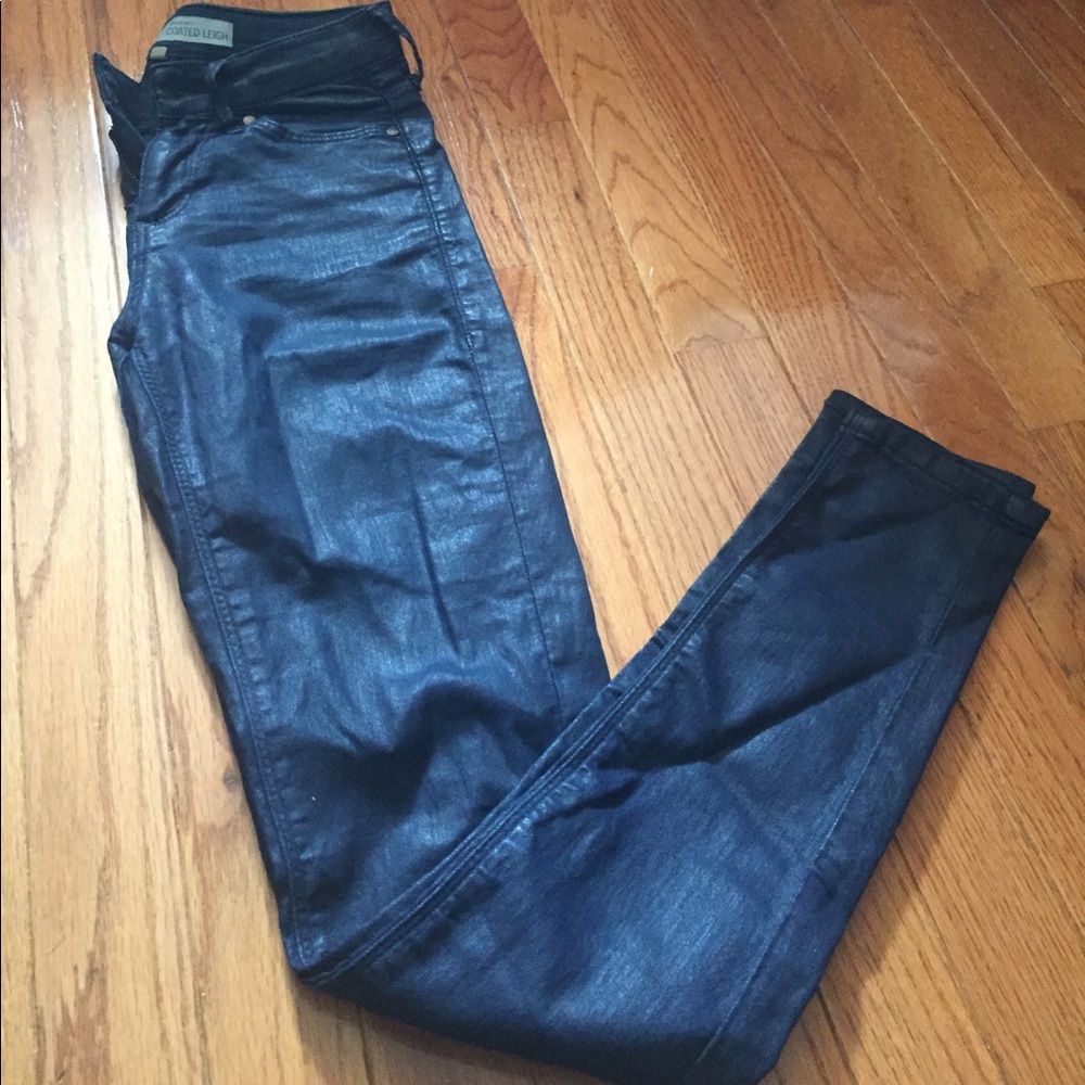 Topshop Blue Coated Mid Rise Pants