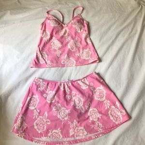 Jantzen 2 piece pink bathing suit with flowers