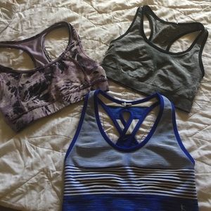 Sports bra bundle size small. Gray, purple, blue.