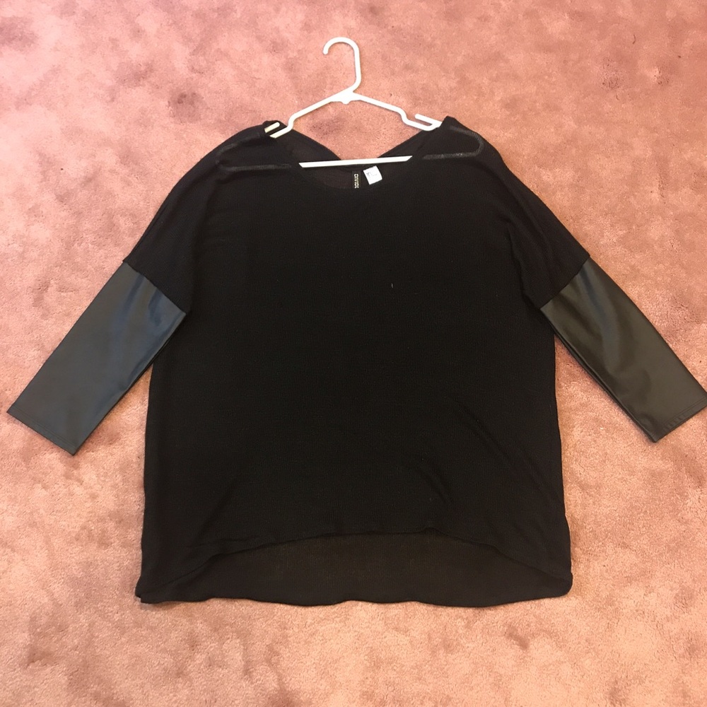 H&M Divided Black Leather Quarter Sleeve Knit Top