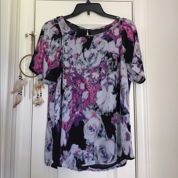 I ❤️ RONSON Purple Floral Short Sleeve BLOUSE SZ LARGE - Picture 3 of 6