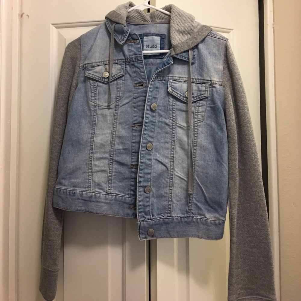 High rise jean jacket with sweat sleeves