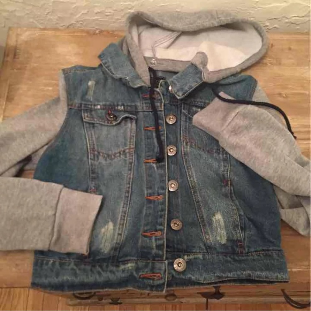 Cropped Jean Jacket w attached Grey sweatshirt
