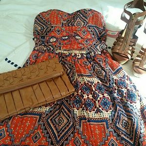 NWT! Strapless blue and orange patterned dress