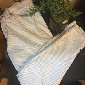 High waisted light blue and white striped jeans