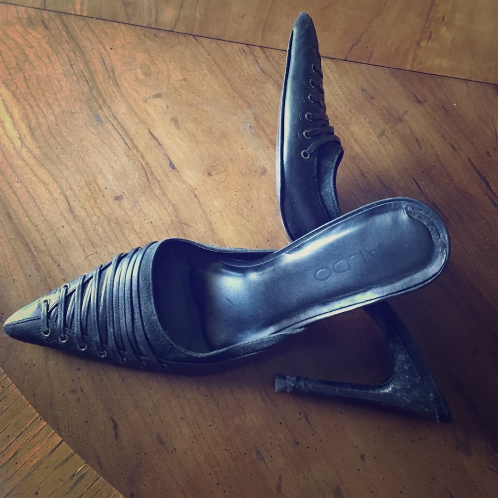 Aldo slip on black leather heels lace up detail- 7