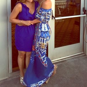 Off the shoulder blue maxi dress with pattern