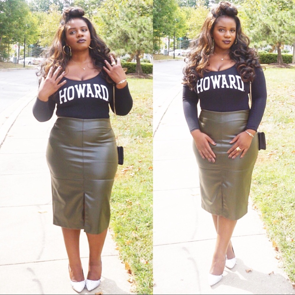 olive faux leather skirt front slit