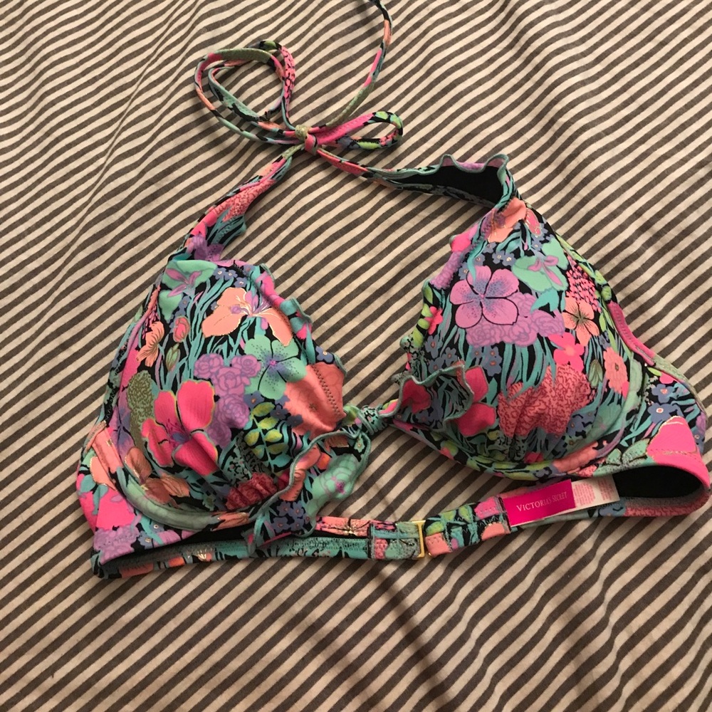 Tropical print halter bikini top