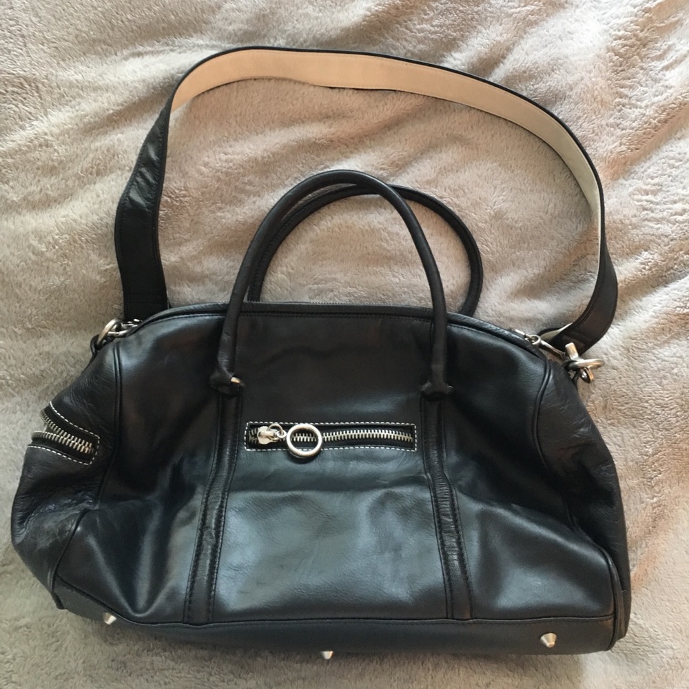 Black leather purse with shoulder strap