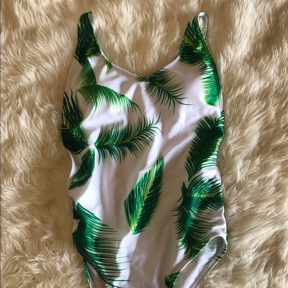 One Piece White & Green Palm Leaf Swimsuit