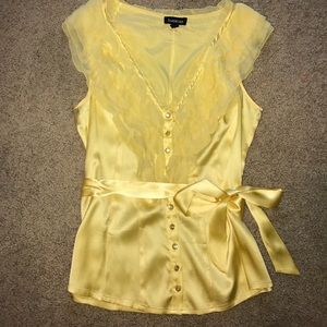 bebe Yellow Button Down Ruffle Blouse with Belt