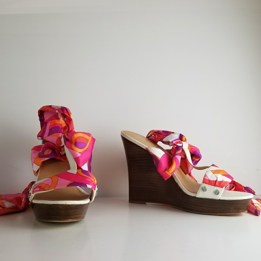 Silk lace up wedge heels