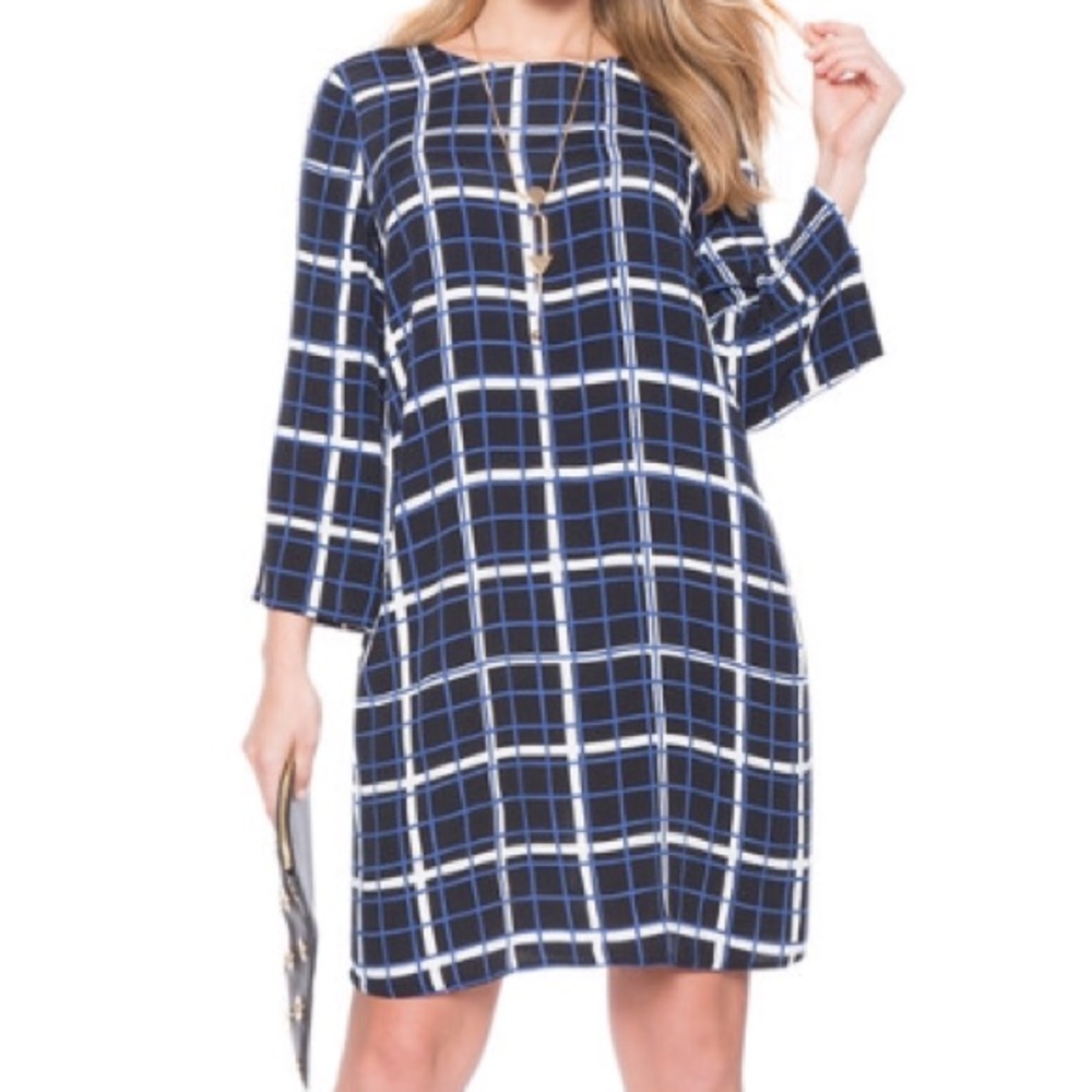 Plus Size Eloquii blue and black grid dress.