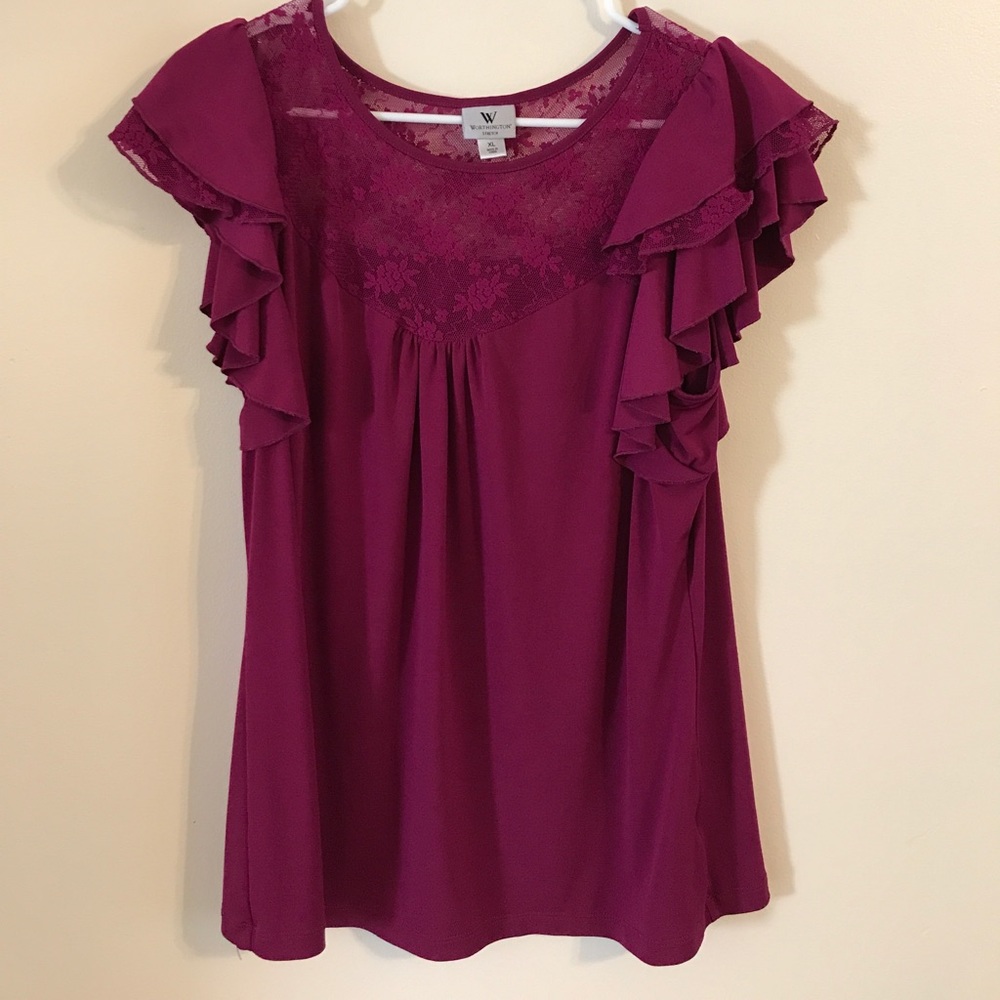 Magenta lace blouse with ruffled sleeves