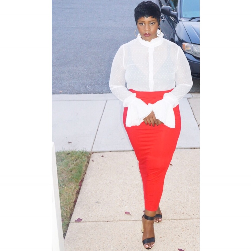 Two piece set  white blouse And red long skirt