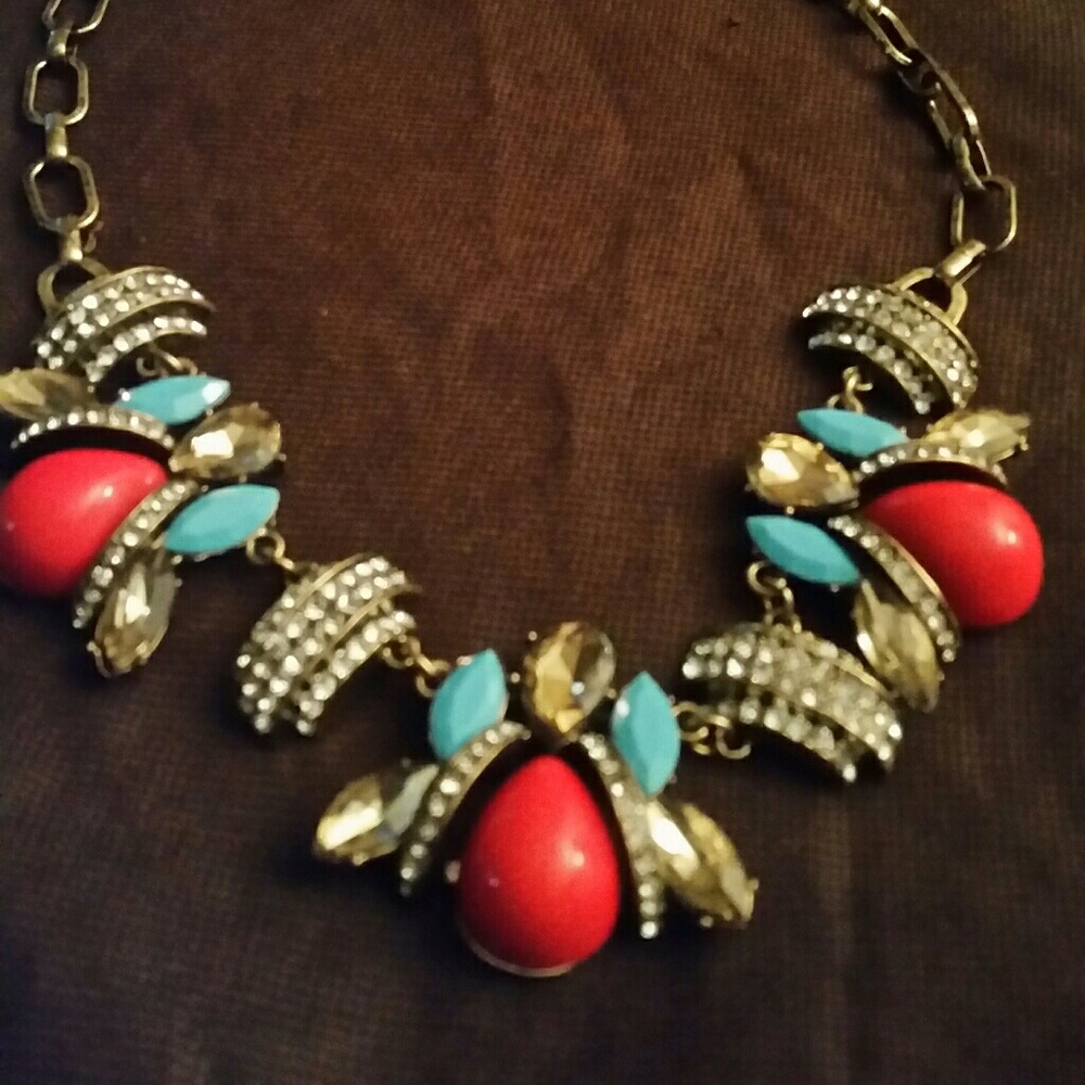 Rhinestone, Coral, and Jade Necklace