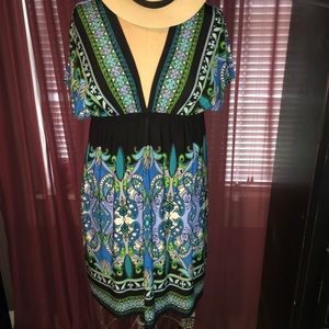 Short Dress black multi blue & green V Neck