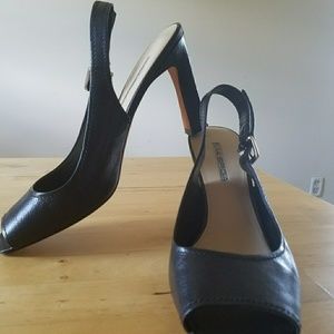 Via Spiga Black Leather Open Toe Heel Buckle Ankle