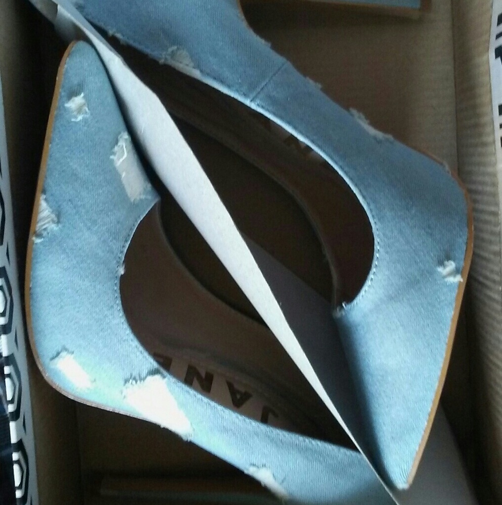 Distressed denim heels 8 1/2