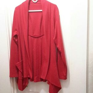 Long red sweater dress jacket.