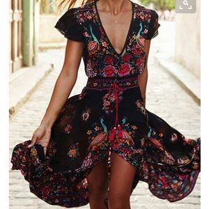 Bohemian peacock dress- high low with tassel waist
