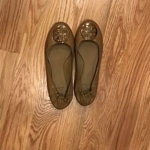 Tan with gold Tory Burch patent leather flats