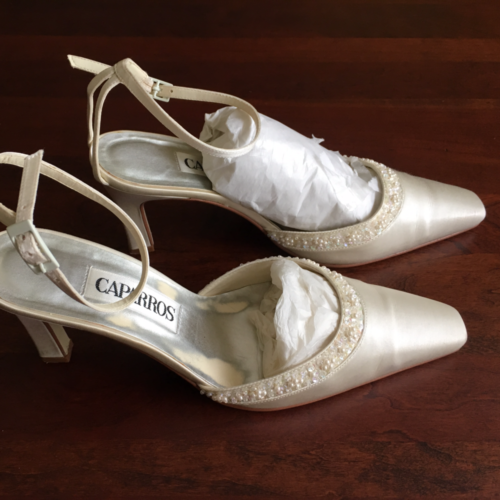 Caparros Ivory Silk and Beaded Heels, 7M