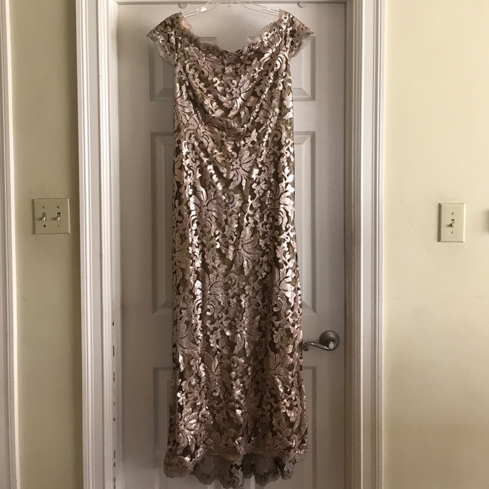 TADASHI GOLD SEQUENCE OFF SHOULDER EVENING GOWN