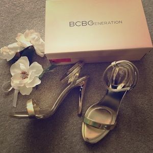 BCBG gold metallic heels